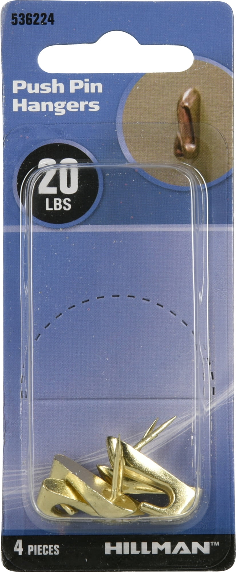 Hillman 536224 Brass Push Pin Hangers (20lb) 4 Piece