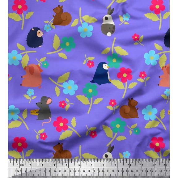 Soimoi Silk Fabric Floral & Cute Animals Cartoon Print Fabric by The Yard 42 Inch Wide