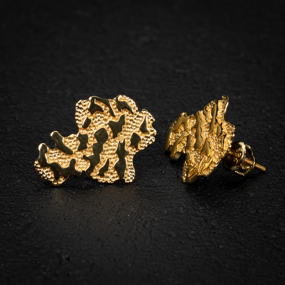 Men's Large 14k Yellow Gold Plated 925 Sterling Silver Screw Back Post Retro 90's Hip Hop Textured Solid Gold Big Nugget Stud Earrings