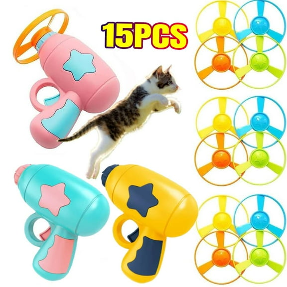 15 Pieces Flying Cat Toy for Indoor Kitten, Interactive Cat Fetch Toy with Colorful Flying Propellers, Flying dis Toy for Training Chasing