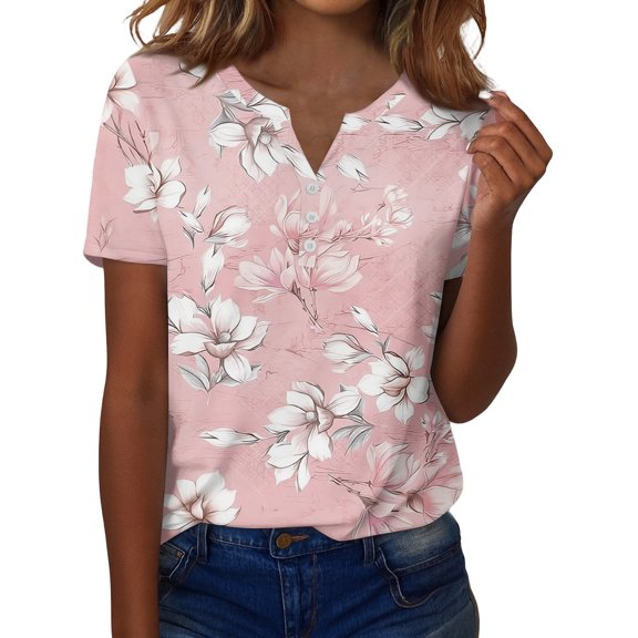 ASDFVBKG Valentine Floral Print Tees for Women Spring Crew Neck Blouse casual short Length Sleeve Valentines Day Outfit Red S