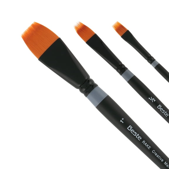 Creative Mark Beste Golden Taklon Brush Rake, Set of 3 Artist Paint Brush, Professional Watercolor Brushes, For Acrylic Painting, Short Handle, Sharp Edges, Hand-Tied & Shaped