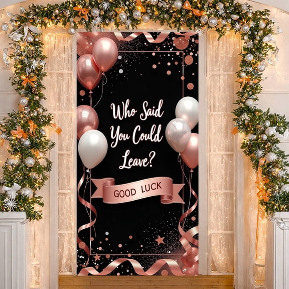 Rose Gold Glitter Good Luck Banner Black Background Farewell Display Balloon Decor Ribbon Accent Going Away Backdrop for Office Farewell Going Away Party Retirement Celebration
