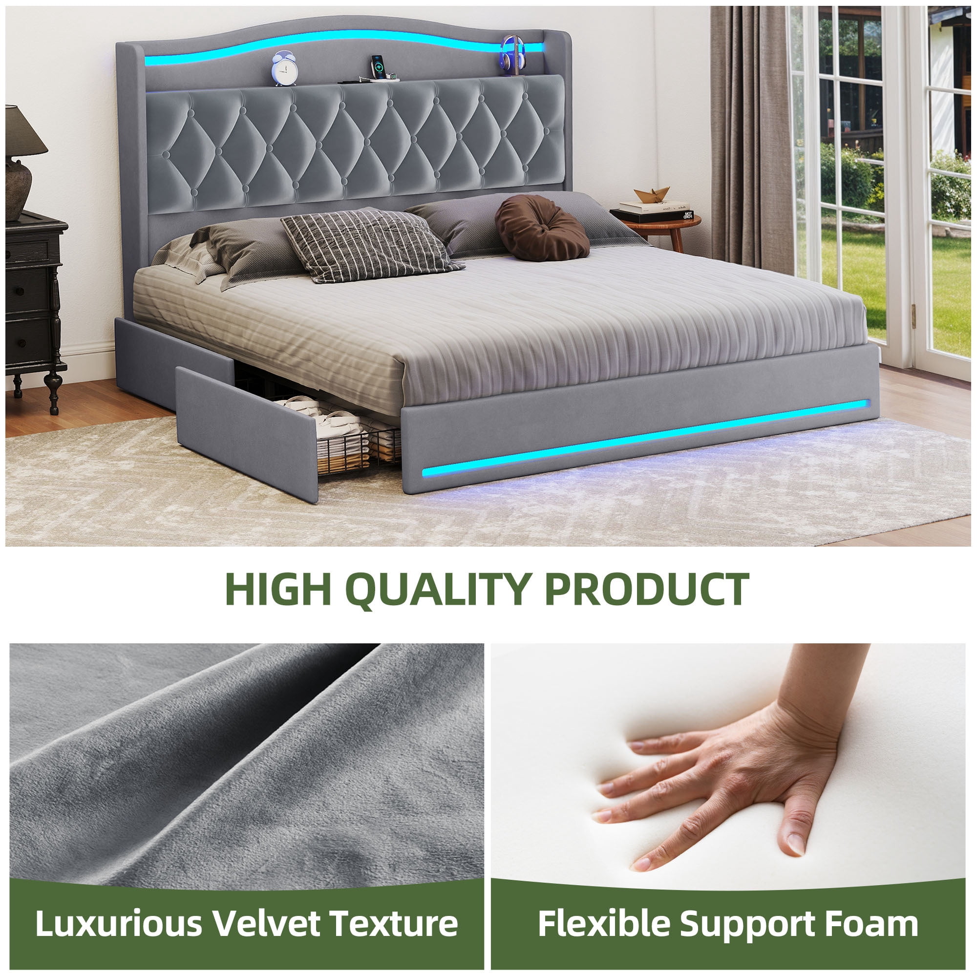 Uforic King Size Bed Frame with Power Outlets & LED Lights, Upholstered Storage Bed Frame with Drawers & Headboard, Gray