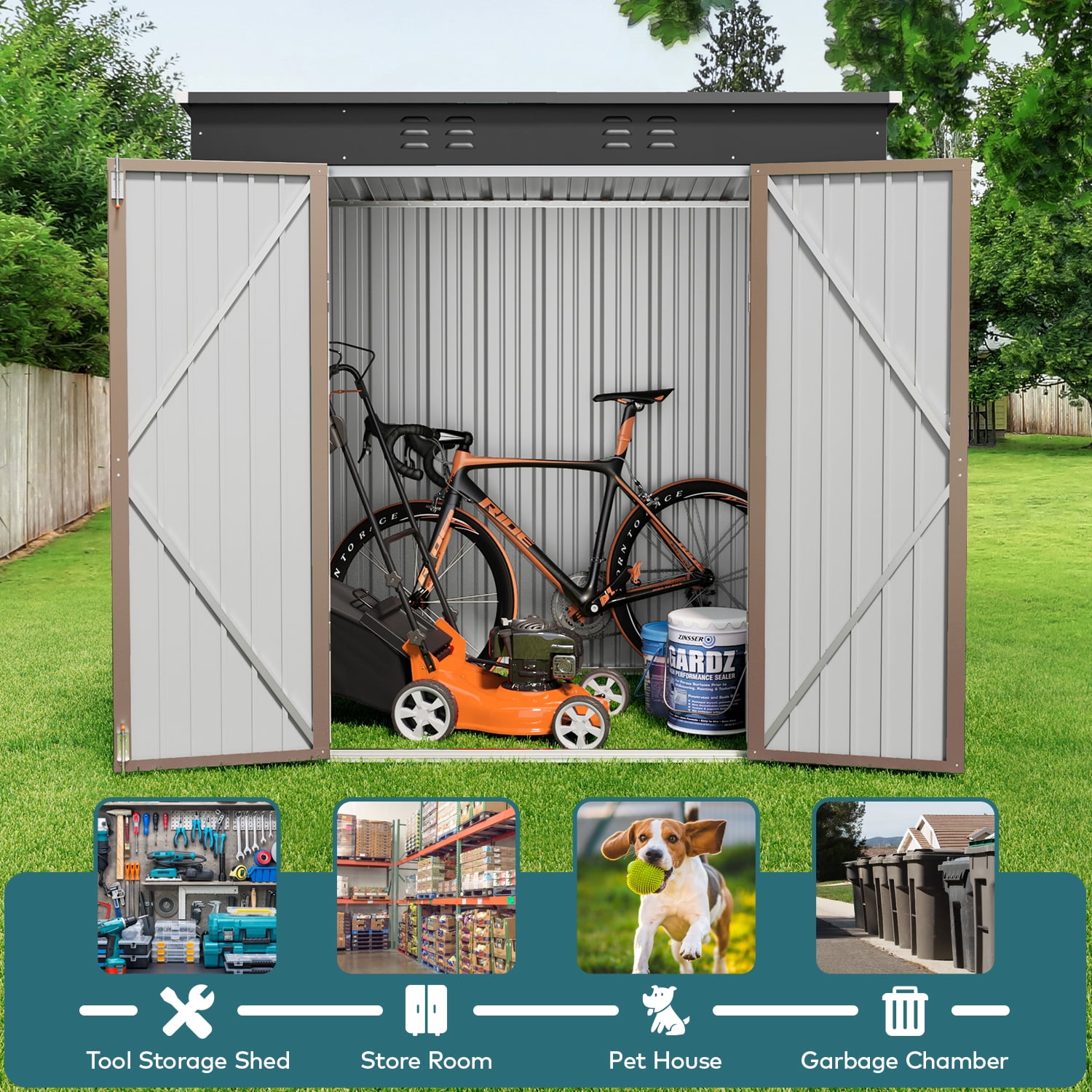 Lofka 6 x 4ft Metal Storage Shed, Garden Shed with Double Lockable Doors, Waterproof Shed & Outdoor Storage Clearance for Backyard Patio Lawn, Brown