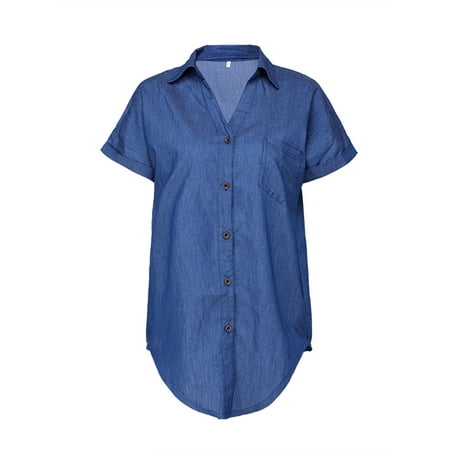 - Women Casual Short Sleeve Casual Denim T Shirt Blouse Ladies Summer Button Loose Multiple Way Pocket Tops