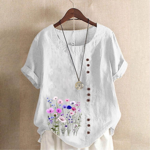 HOMBOM Womens Cotton Linen Tops Button Spring White Floral Loose Fit Short Sleeve Crewneck Blouse for Ladies
