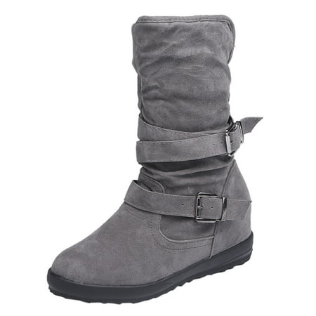 

Women Buckle Keep Toe Shoes Snow Booties Warm Middle Strap Color Round Solid Flat Retro Women s Boots