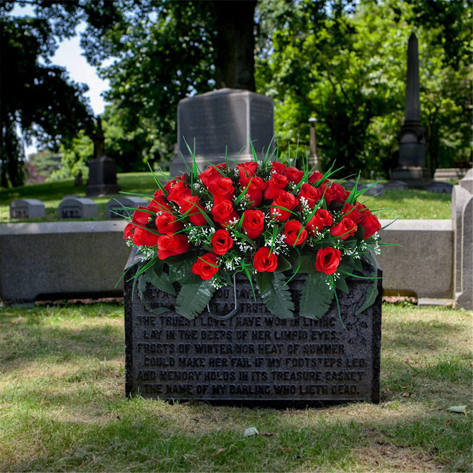 Headstone Flower Saddle Artificial Cemetery Flowers Grave Flowers For Cemetery Headstone Flower Saddle Red Rose Combination Outdoor Memorial Day Decorations Funeral Tribute Arrangement