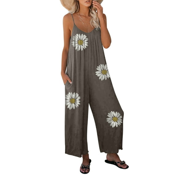 Asyoly Womens Summer Jumpsuits Loose Sleeveless Adjustable Spaghetti Strap Casual Stretchy Wide Leg Pant Rompers with Pockets