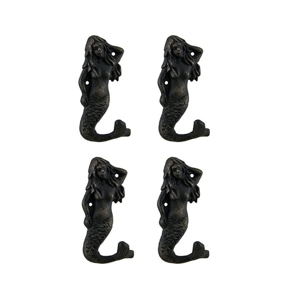 Set of 4 Blackened Bronze Finish Cast Iron Mermaid Wall Hooks