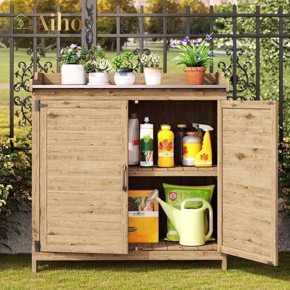 Weatherproof Wooden Storage Cabinet with Metal Tabletop - Outdoor Potting Bench, Garden Work Table with Adjustable Shelf & Double Doors for Backyard, Patio, Lawn in Natural