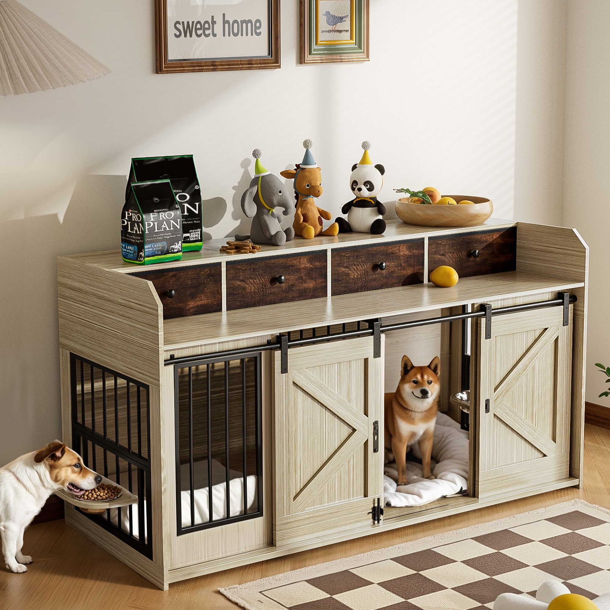 Advwin 63" Wooden Double Dog Crate Furniture with Drawers, Divider, Sliding Doors and Dual Feeding Stations, TV Stand Dog Kennel for 2 Small/Medium Dogs, Light Brown
