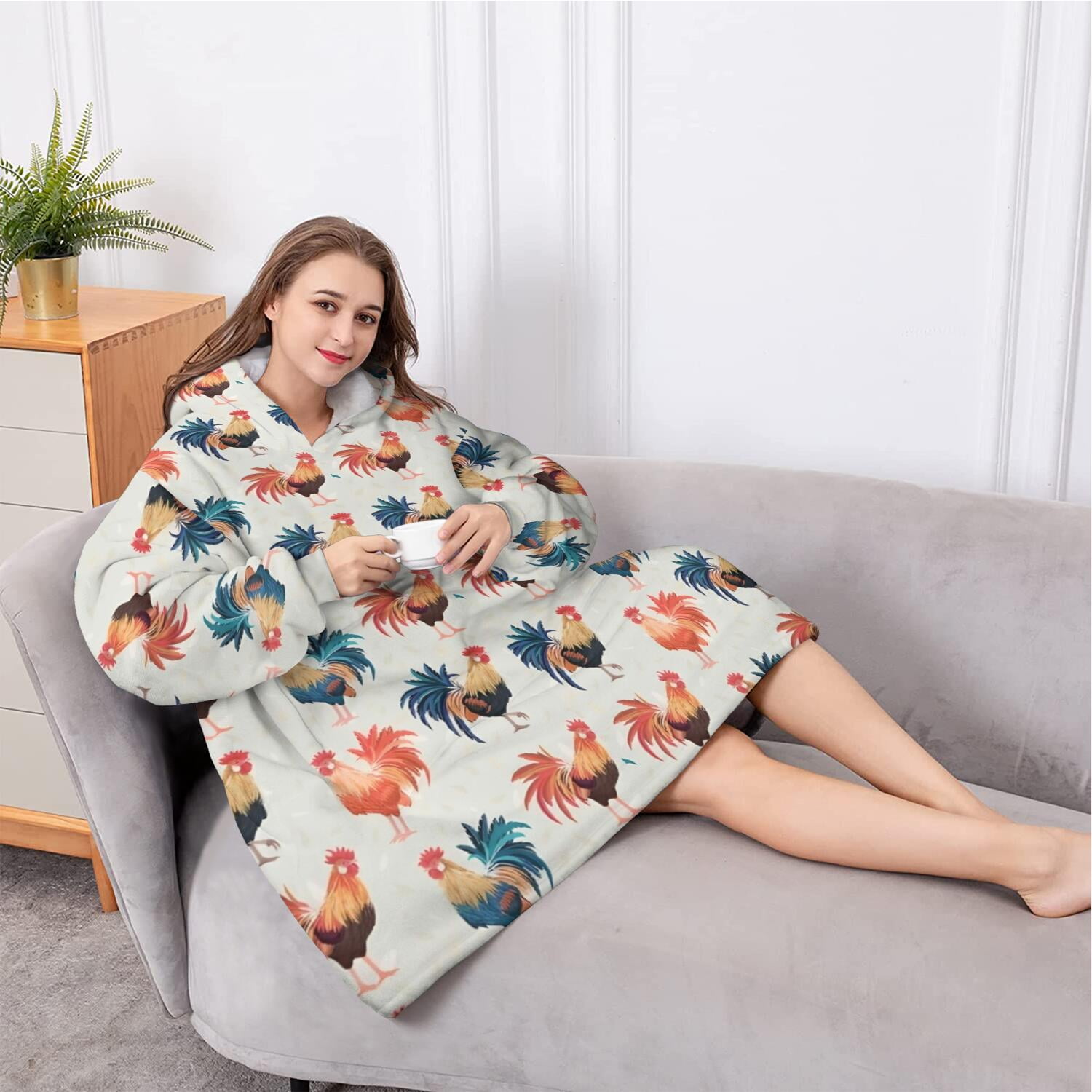 Oversized Wearable Blanket Hoodie,Light Gray Chicken Rooster Pattern Sherpa Blanket Hoodie with Super Pockets,Super Warm Fuzzy Pullover for Women & Men
