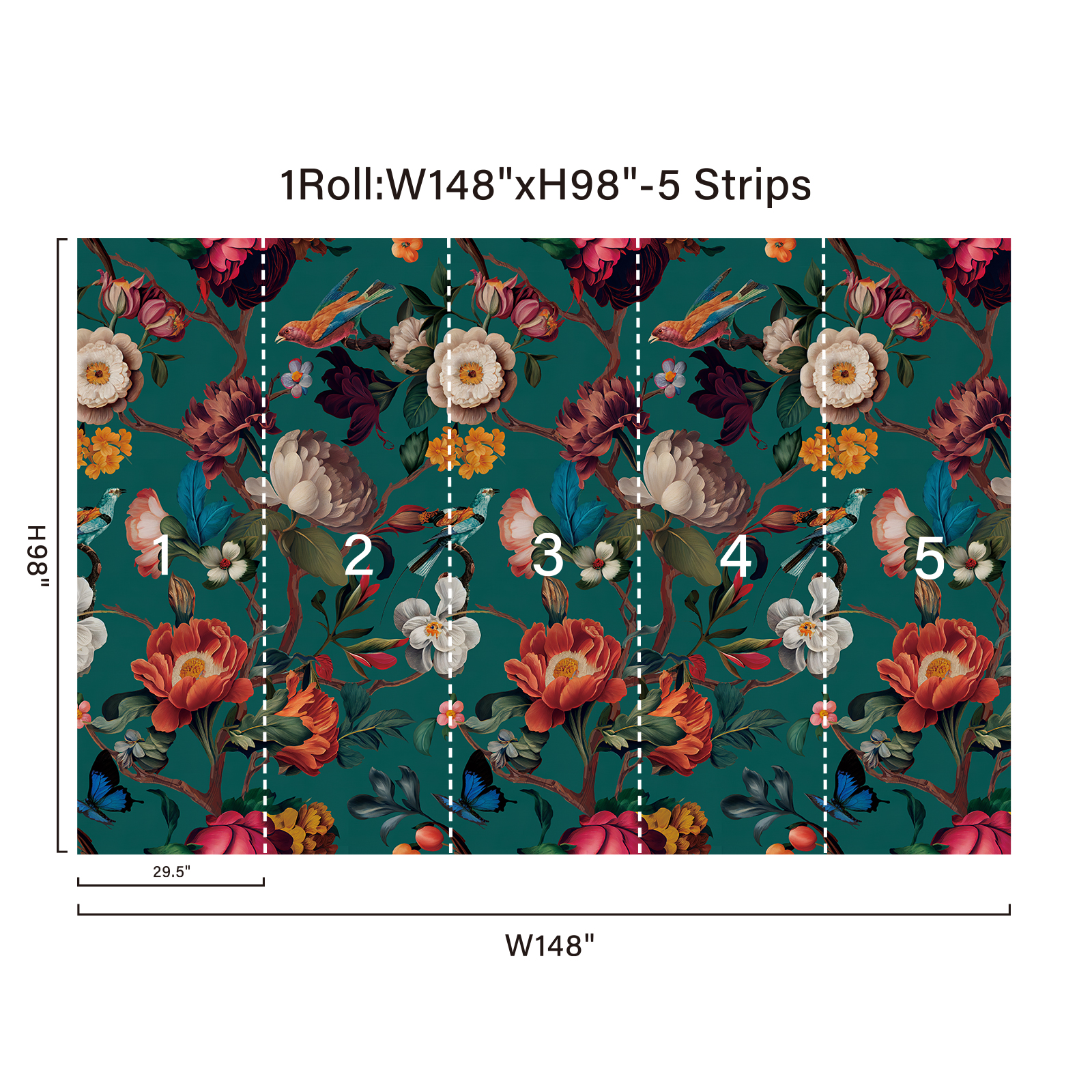 Xiayi Dark Blue Floral Mural Wallpaper Peel & Stick, 148" W x 98" H, Removable Vintage Wall Covering for Bedroom, Living Room & Rentals, 1 Piece