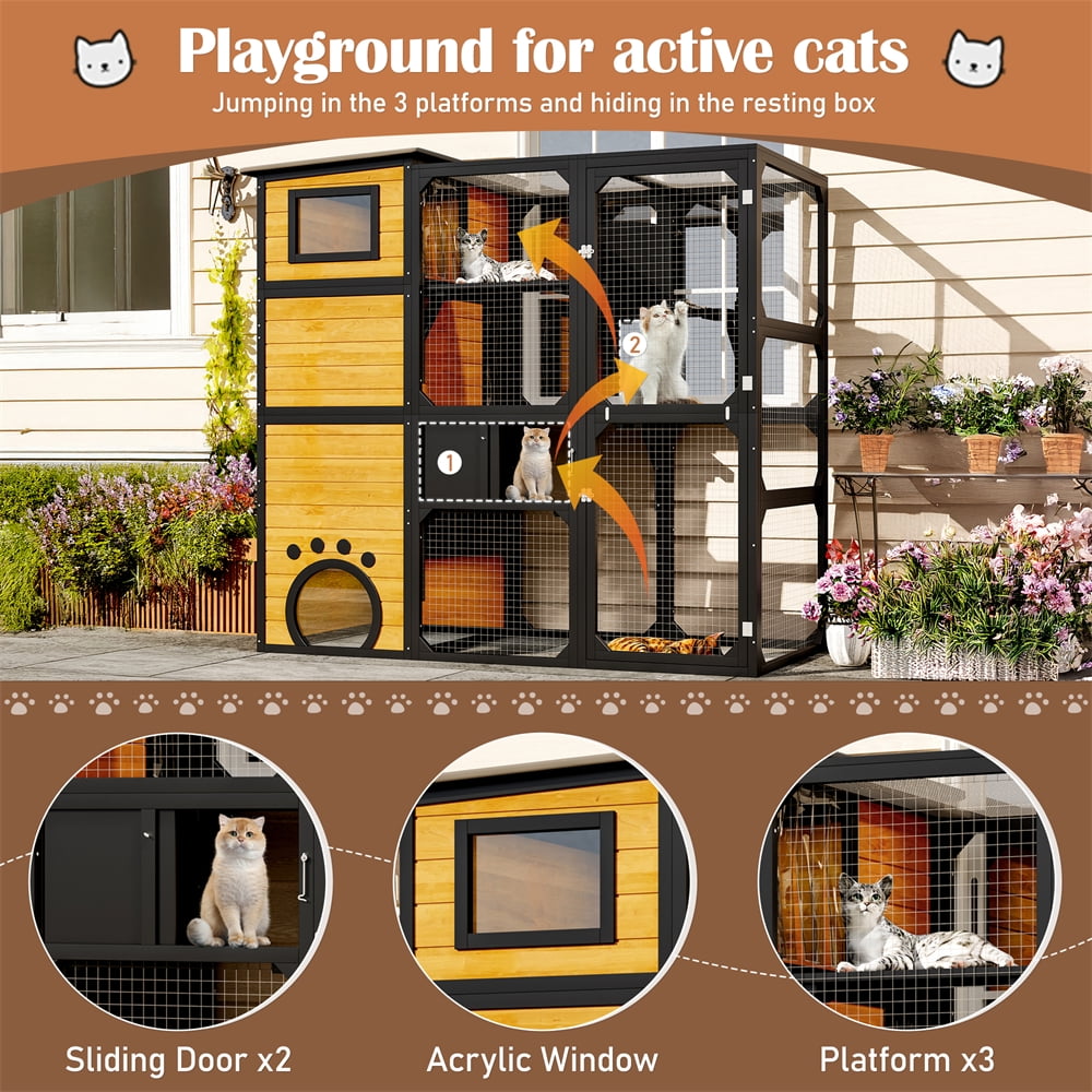 4 Tiers Large Catio Outdoor Cat Enclosure for Multiple Cats,  Outdoor Weatherproof Cat House with 3 Platforms & 3 Resting Rooms, Brown