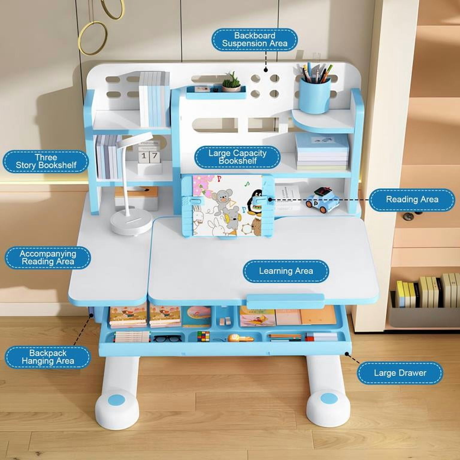 YNCE 2025 Upgrade Kid Desk and Chair Set, 50-Degree Tiltable Desktop Height Adjustable Kids Table and Chair Set with Bookshelf Storage Drawer for Bedroom Study Room (Blue #3)