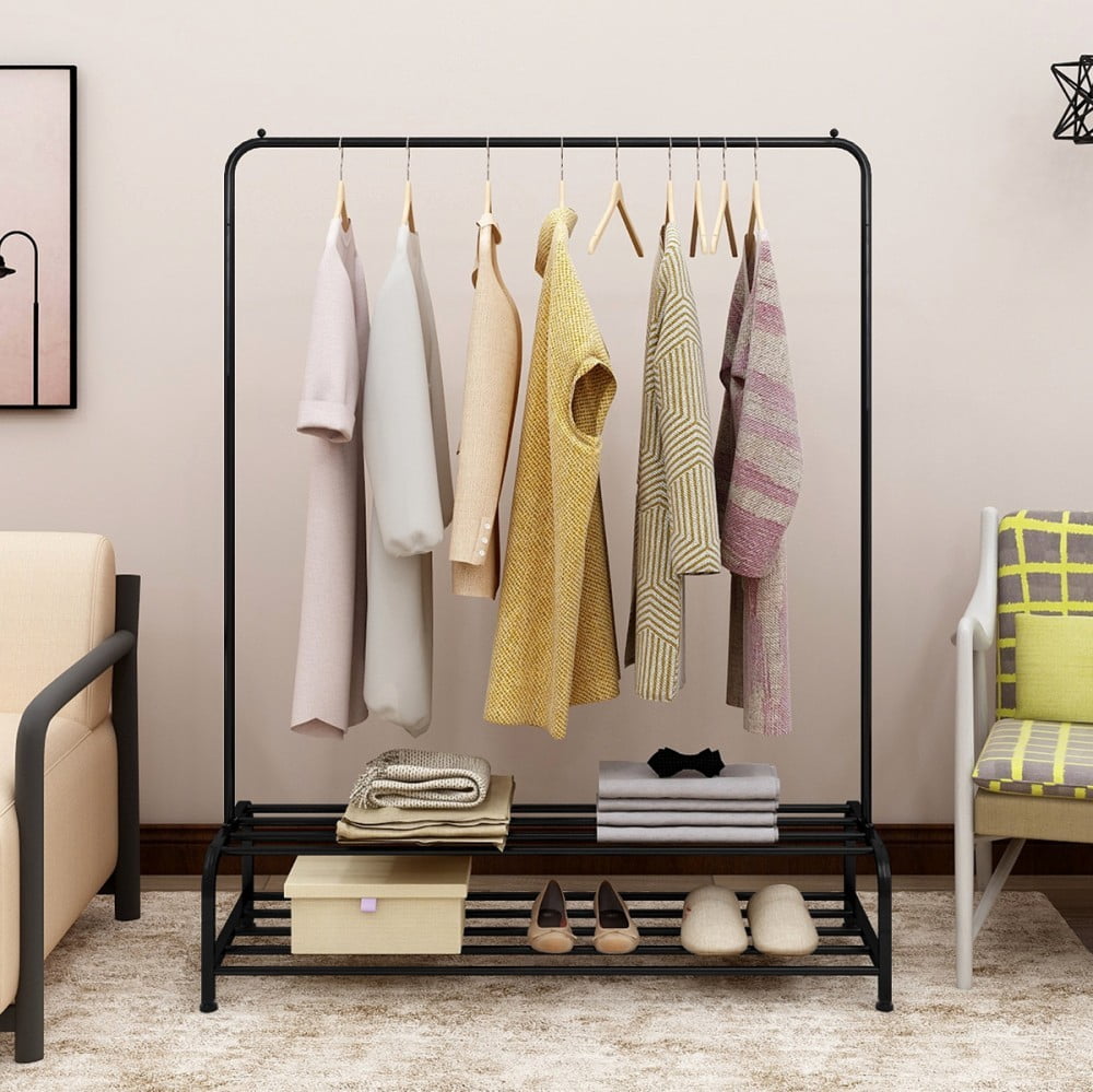 Heavy Duty Garment Rack, Metal Clothes Rack with Bottom Shelf, Freestanding Clothing Rack for Bedroom, Laundry Room, Entryway, Small Spaces, Black