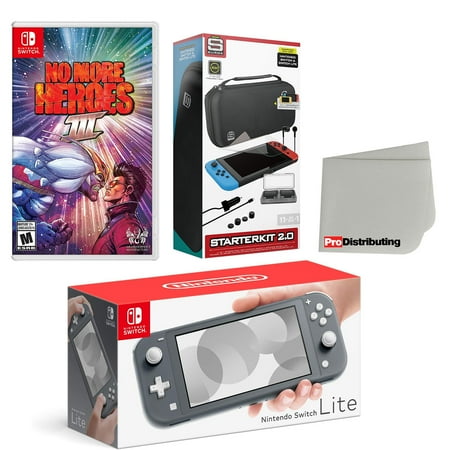 Nintendo Switch Lite Console Gray with No More Heroes 3, Accessory Starter Kit and Screen Cleaning Cloth Bundle