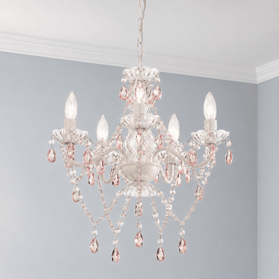 Small Crystal Chandelier 5-Light Pink and White Acrylic Chandelier Ceiling Light for Girls Bedroom Nursery Dining Room, E12 Base