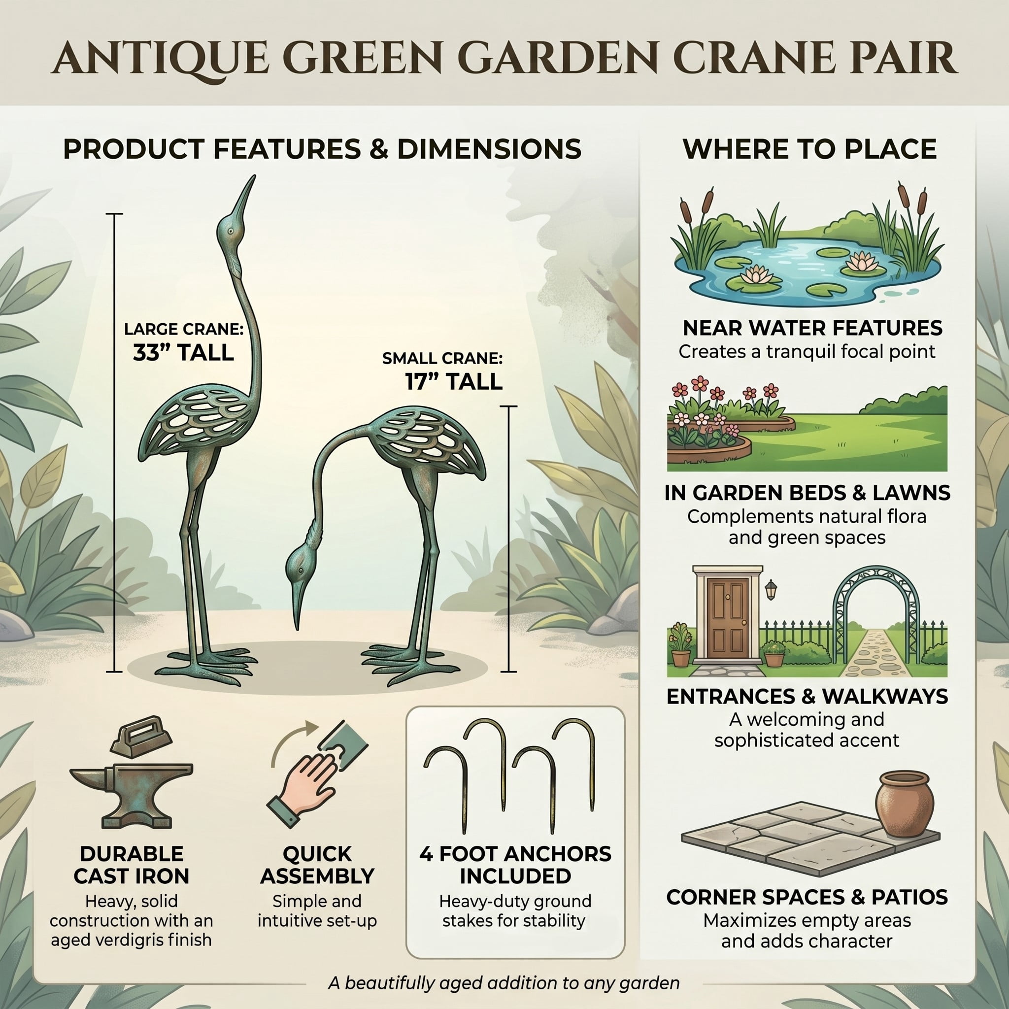 Seraphic Cast Iron Metal Crane/Heron Bird Garden Sculptures Statues for Indoor or Outdoor Lawn Decor, Antique Green, Set of 2