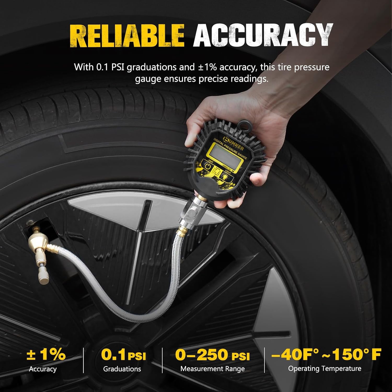 BUNKER INDUST Digital Tire Pressure Gauge, 0-250 PSI Heavy Duty Air Guage for car, Truck, and Off-Road Vehicle- Reliable Accuracy-Backlit LCD Display, Tire Deflator with Built-in Top Light