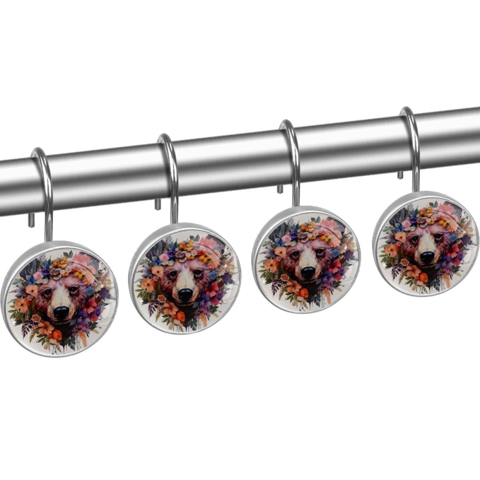 Flower Bear Shower Curtain Hooks （Set of 12） for Home Hotel Shower Rods Bathroom Crystal Glass Print Stainless Steel Round Curtain Hooks