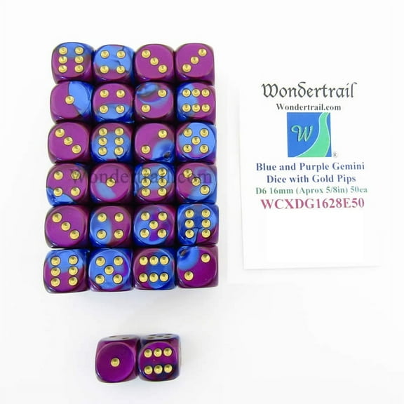 Blue and Purple Gemini Dice with Gold Pips D6 16mm (5/8in) Pack of 50 Wondertrail