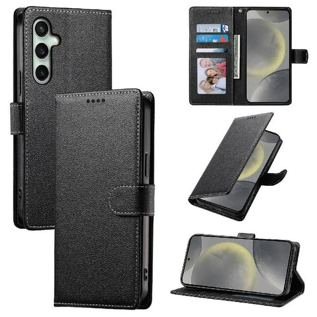 Case for FOXDOCK Samsung Galaxy S24 FE Wallet Case made of premium leather with 3 card slots, a cash compartment, and shockproof protection. The black case features a built-in stand for hands-free viewing and a magnetic closure for added security. Shown in multiple angles, highlighting its sleek design and functionality.
