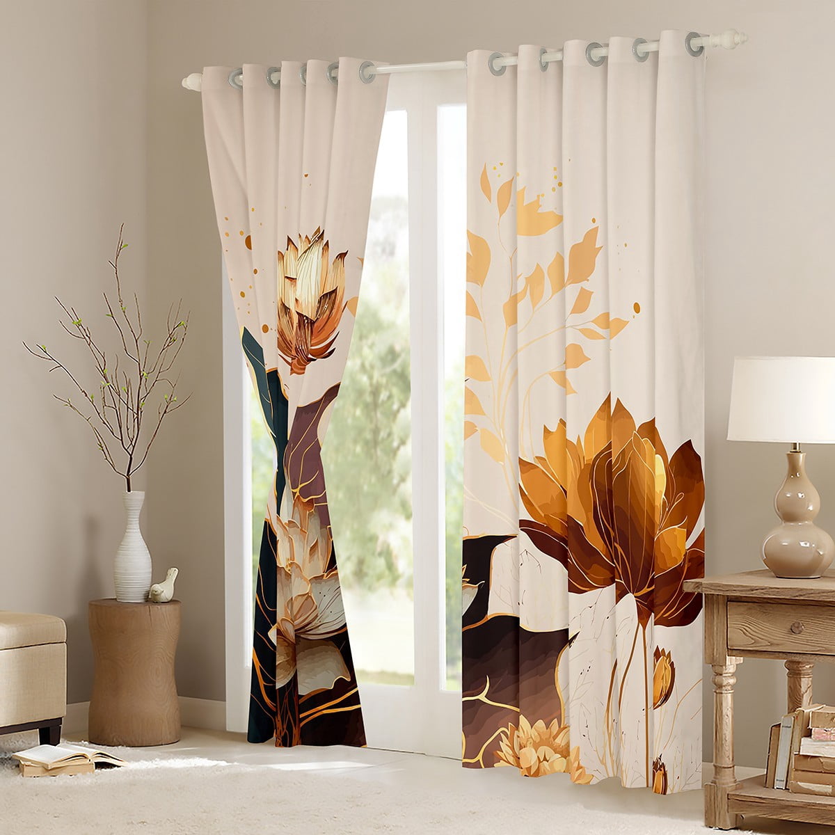 White Beige Gold Floral Blackout Curtains Chic Lotus Curtains, Gradient Leaves Curtains & Drapes Modern Artwork Living Room Curtains, Botanical Theme Window Curtains Aesthetic Art Bedroom Decor