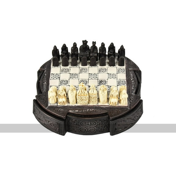 Isle Of Lewis Compact Chess Set - 9 inches, brown cabinet