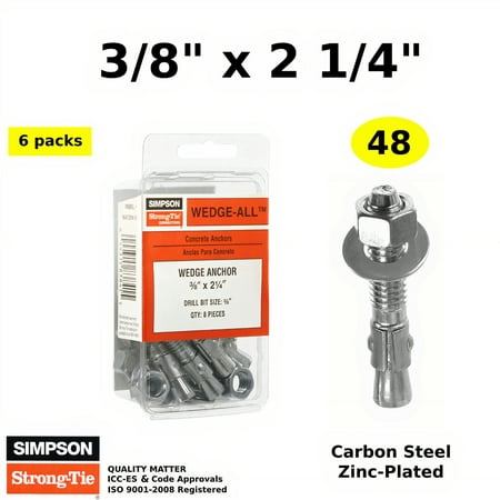 

(QTY 48) 3/8 x 2 1/4 Concrete Wedge Anchors Bolts Masonry Expansion Anchor Zinc Plated 6/Pack