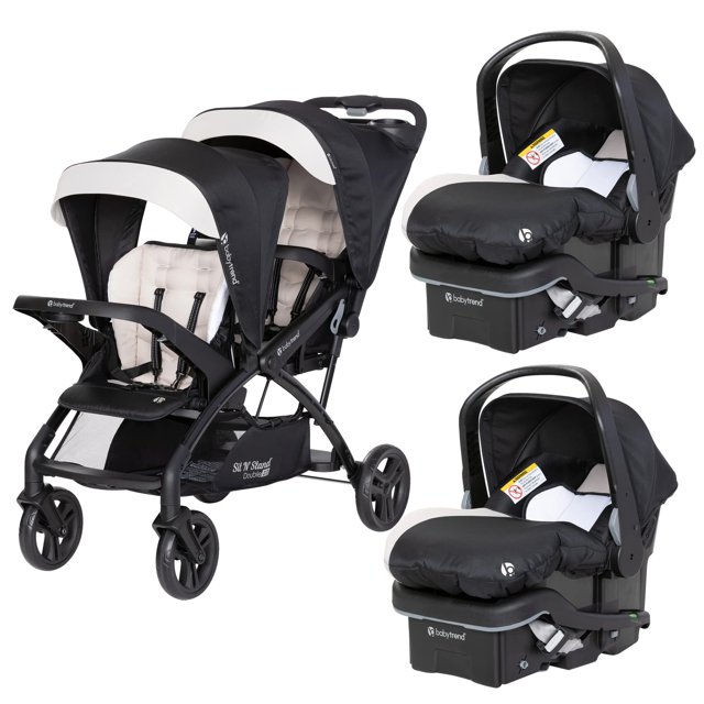 Baby Trend 2 Sit N' Stand Double Stroller and 2 EZ-Lift 35 Plus Car Seat Combo Set for Toddler and Infant, with 5 Point Safety Harness, Modern Khaki