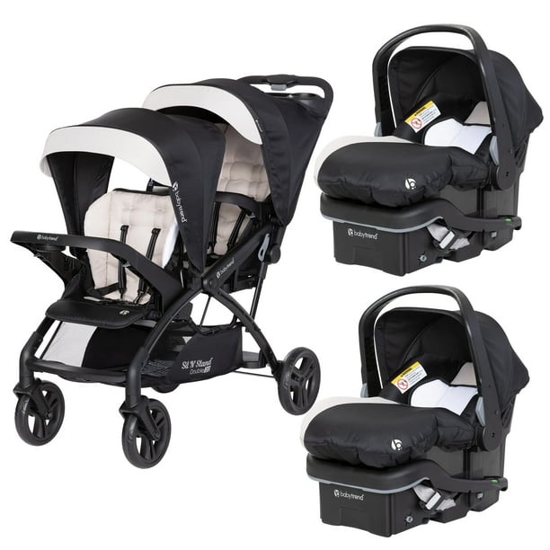 Baby Trend 2 Sit N' Stand Double Stroller and 2 EZ-Lift 35 Plus Car Seat Combo Set for Toddler and Infant, with 5 Point Safety Harness, Modern Khaki
