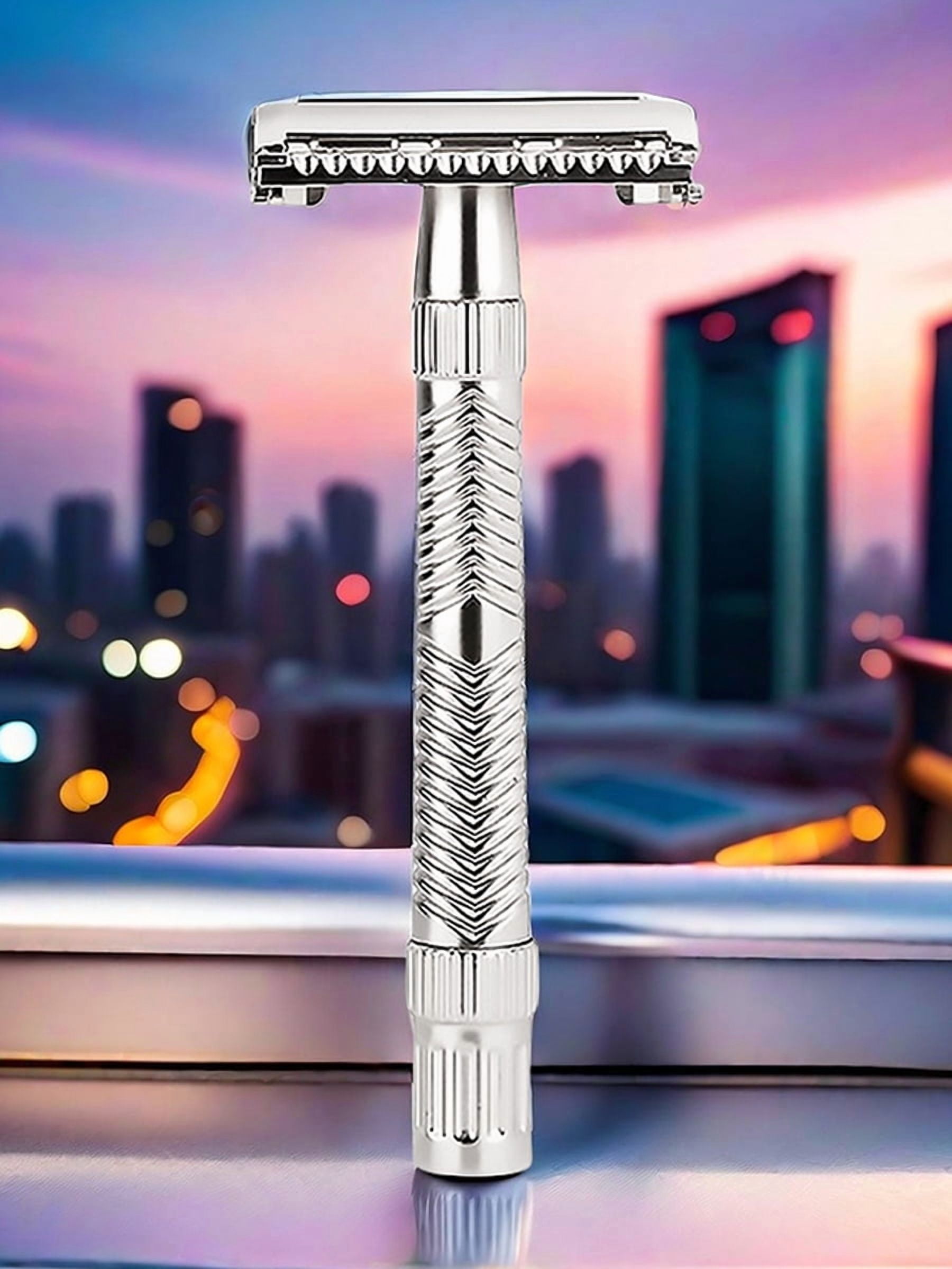 Waysh Classic Wet Shave Safety Razor Kit with Stand & 20 Refill Blades, All-Metal Construction with Non-Slip Handle, Chrome Silver