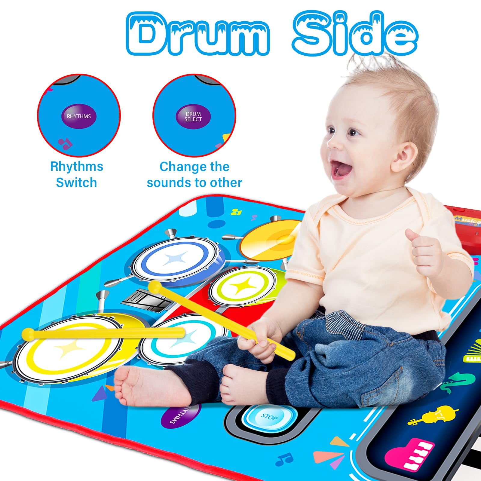 2 in 1 Musical Mat Toys Piano Keyboard & Drum Set with 2 Drum Sticks Baby Music Toy 12-18 Months Christmas Birthday Gifts