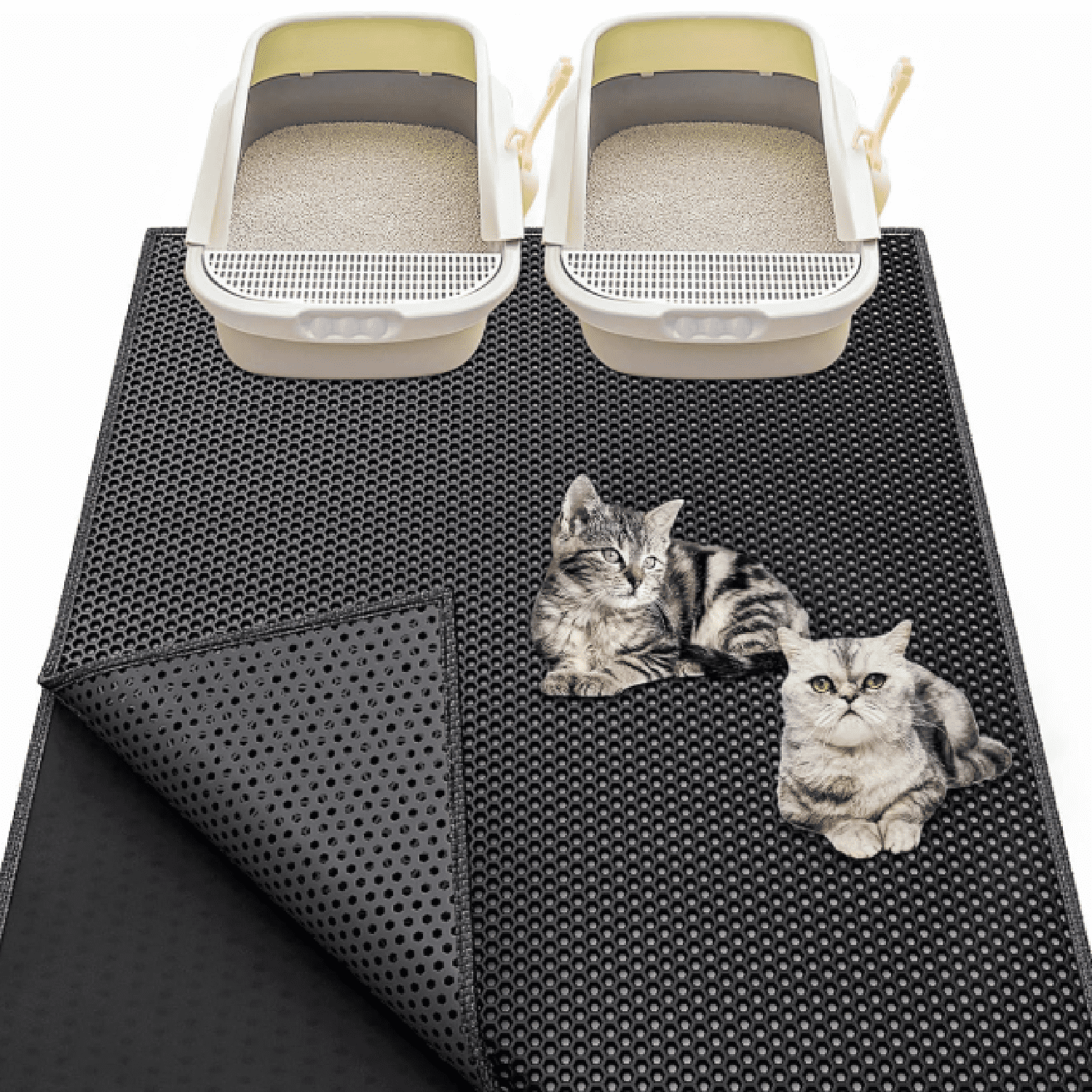 Cat Litter Box Mat: 36"x 30" Waterproof Kitty Cat Litter Trapping Mat, Easy-clean Double-layer Scatter Control Pad Rug (Black)