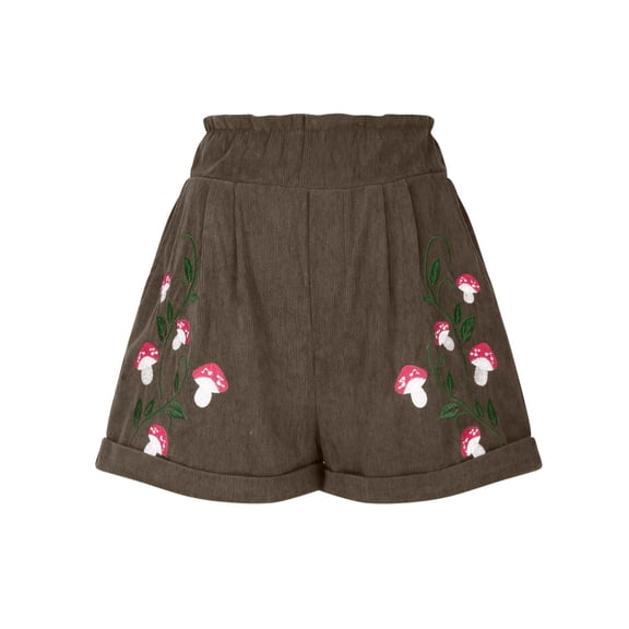 aohooy Women's High Waist Shorts Casual Elegant Embroidery Corduroy Shorts Elastic Waist Wide Leg Casual Short Pants Brown,XXL