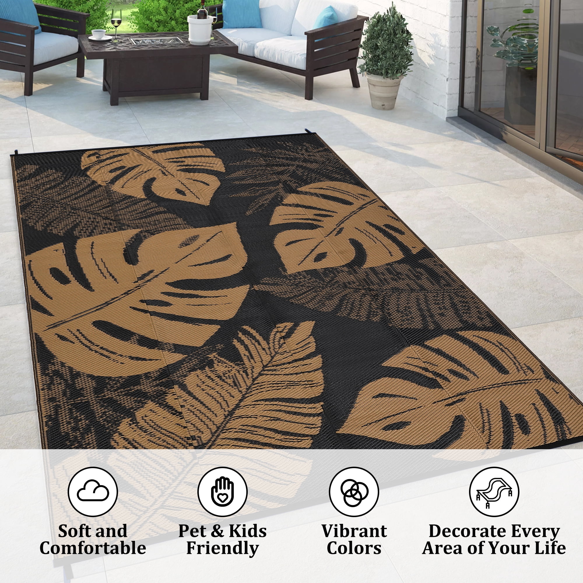 Tzou Waterproof Reversible Outdoor Rug 9 x 18ft Tropical Palm Design, Portable Camping Mat w/Carry Bag & Stakes