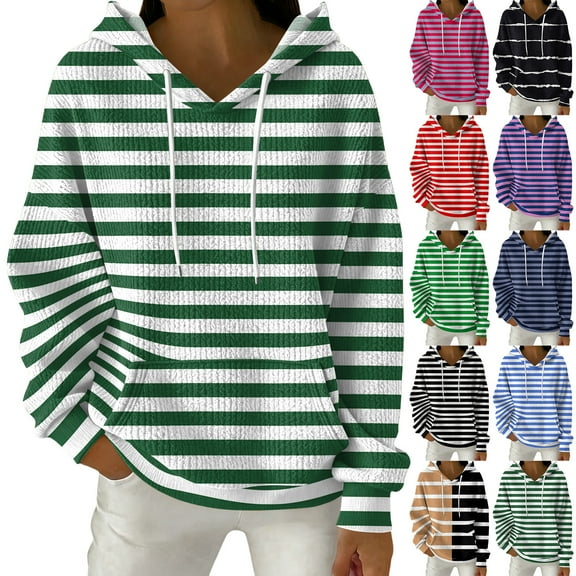 Women's Fashion Casual Striped Print Pullover Long-Sleeve Hooded Sweatshirt, Classic Fall Winter Wear with Soft Material and Stylish Design for Everyday Use,Army Green,L