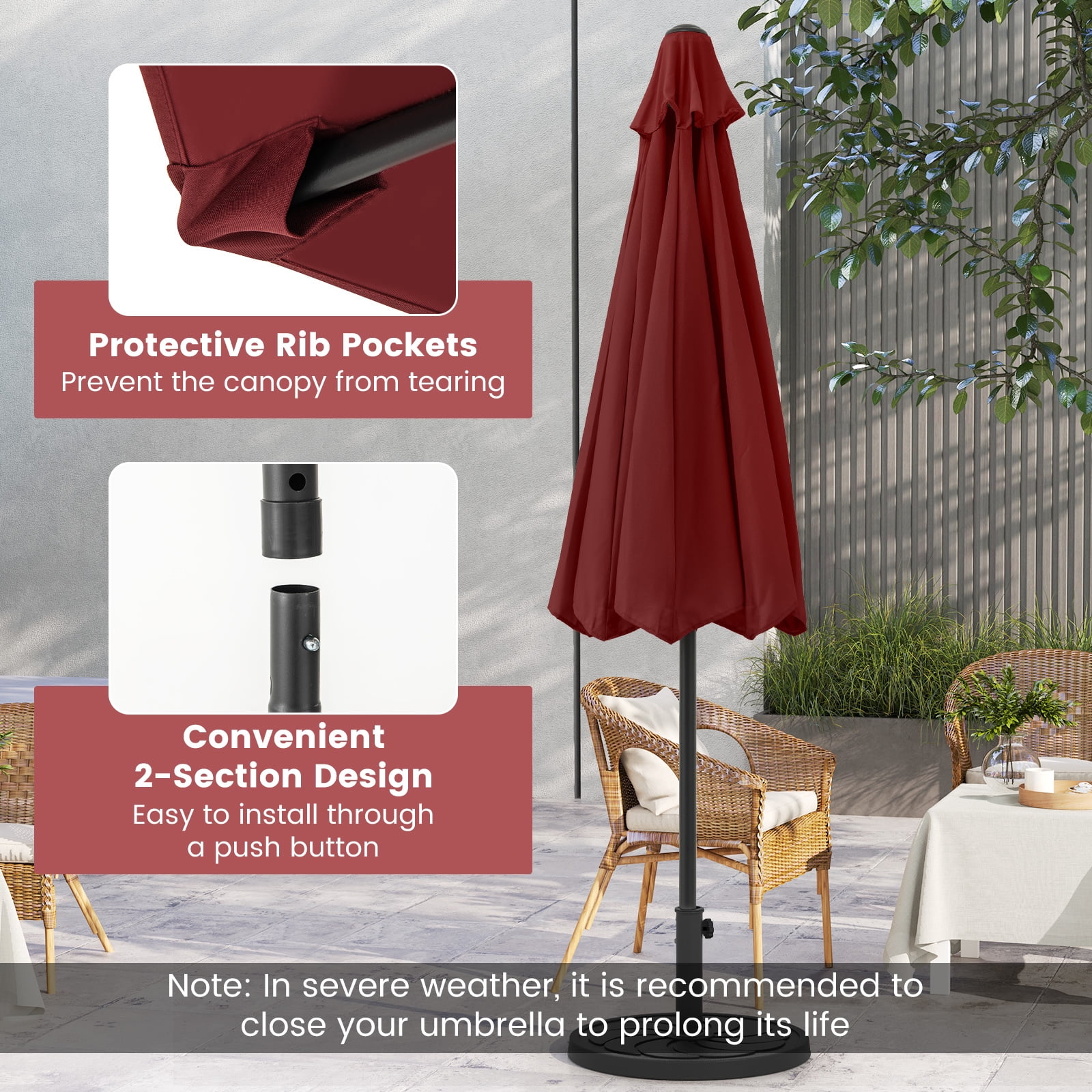 Topbuy 8.5 FT Patio Umbrella Outdoor Table Umbrella w/ Crank Handle 8 Ribs Wine