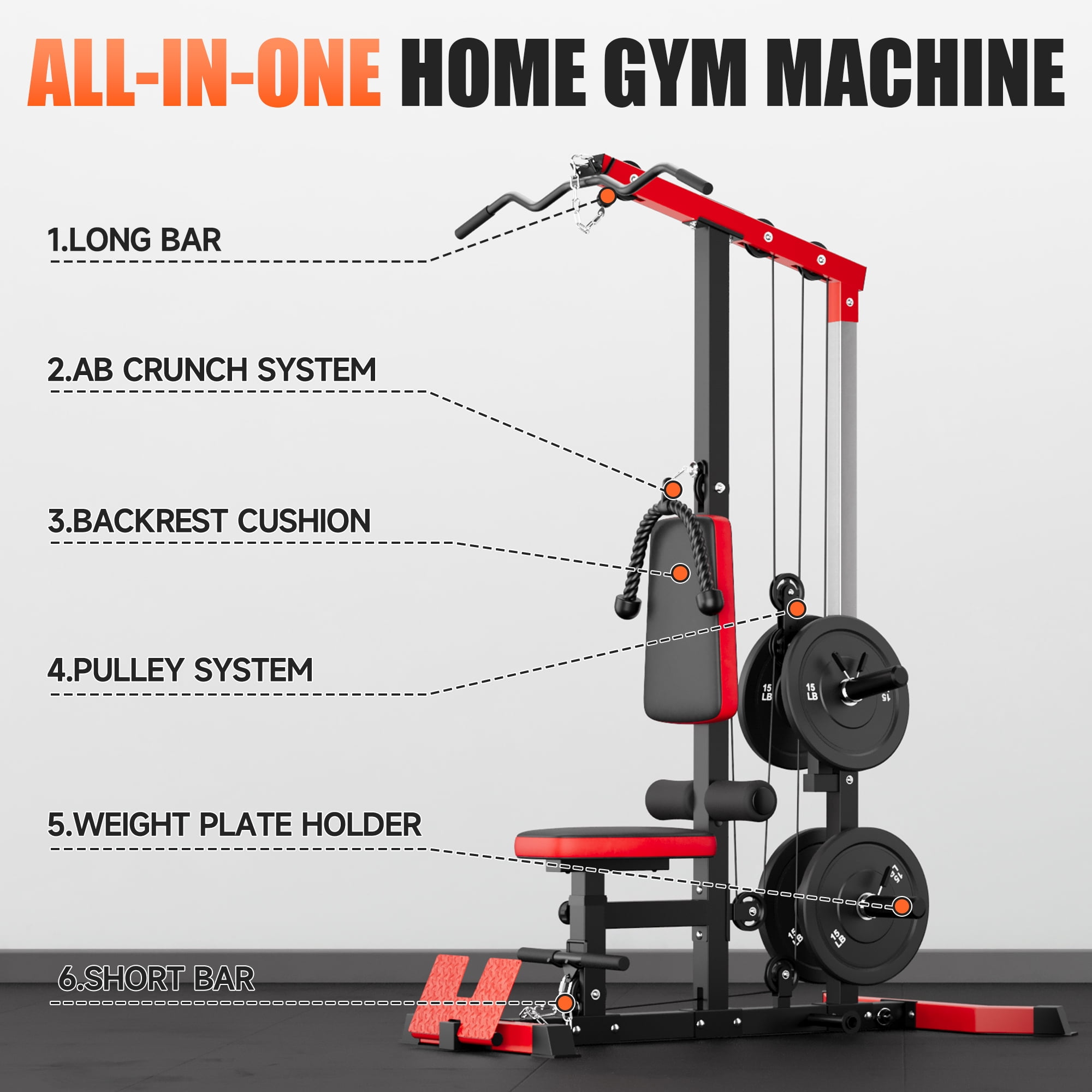 MITONOS 3 in 1 LAT Pulldown Machine,LAT Row Cable Machine with AB Crunch and Cable Row Attachments for Home Gym,High or Low Pulley Stations (Red)