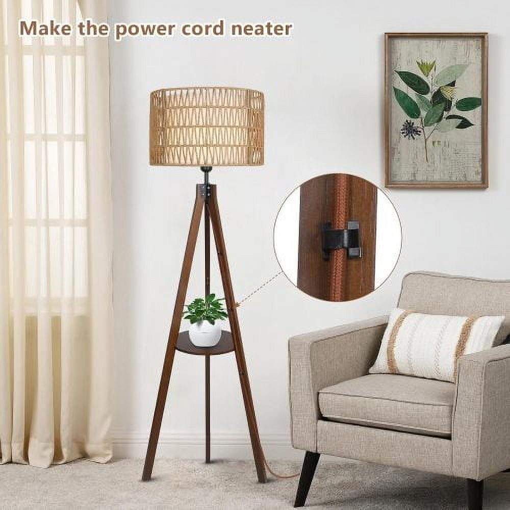 Hi-LIGHTS,Boho Tripod Floor Lamp with Shelves & ON/Off Foot Switch,Mid Century Wood Standing Lamp with Rattan & Fabric Shades,Modern Farmhouse Tall Floor Lamps for Living Room Bedroom Office(Brown)