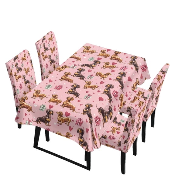 TSOVTHRID Dachshund Dog Love Heart Print Tablecloth with Chair Covers Set of 4, Removable Rectangle Table Cloth and Seat Slipcover for Home Kitchen Holiday Valentine's Day Decor