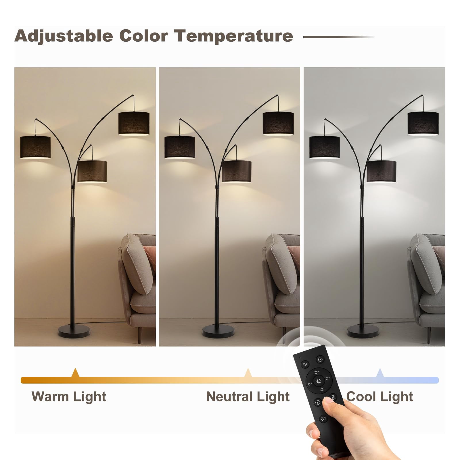 Floor Lamps for Living Room, 2400LM Super Bright Arc Floor Lamp with Remote Control, 3 Light Tall Floor Lamps with Stepless Dimmable, 80" Mid Century Tree Floor Lamp for Bedroom, Office
