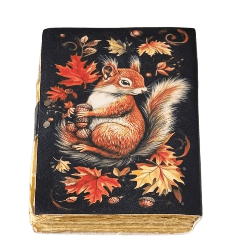 Handmade Leather Journal with Autumn Squirrel Artwork – 5x7 inch Vintage Notebook, 200 Handmade Paper Pages, Locking Clasp, Artisan Sketchbook & Diary