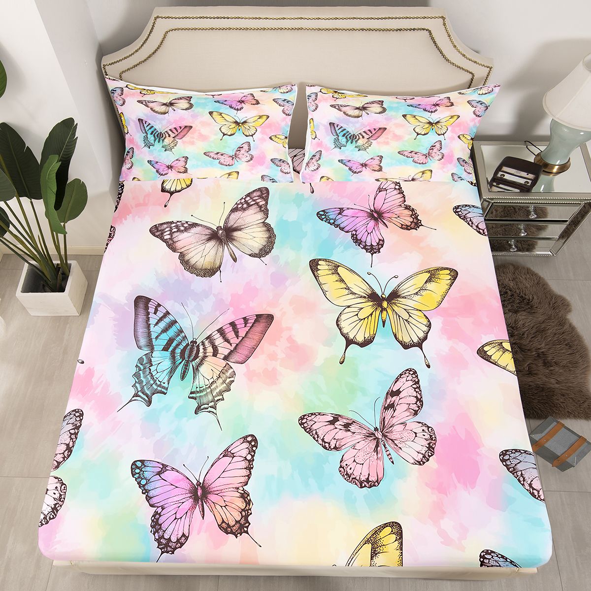 Homewish Colorful Cute Butterfly Twin Sheet Sets,Watercolor Tie Dye Twin Fitted Sheet,Rainbow Ombre Flat Sheet For Girls Teens,Luxury Bedroom Decor,3-Piece