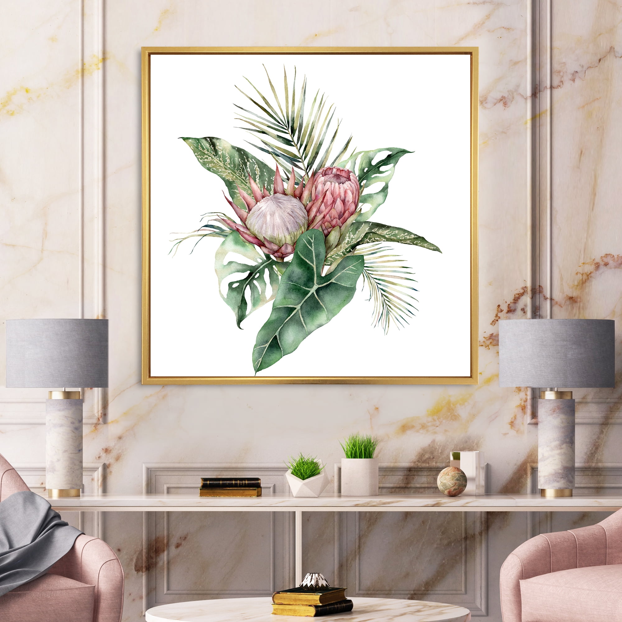 Queen Proteas Palm & Monstera Leaves 30 in x 30 in Framed Painting Canvas Art Print, by Designart