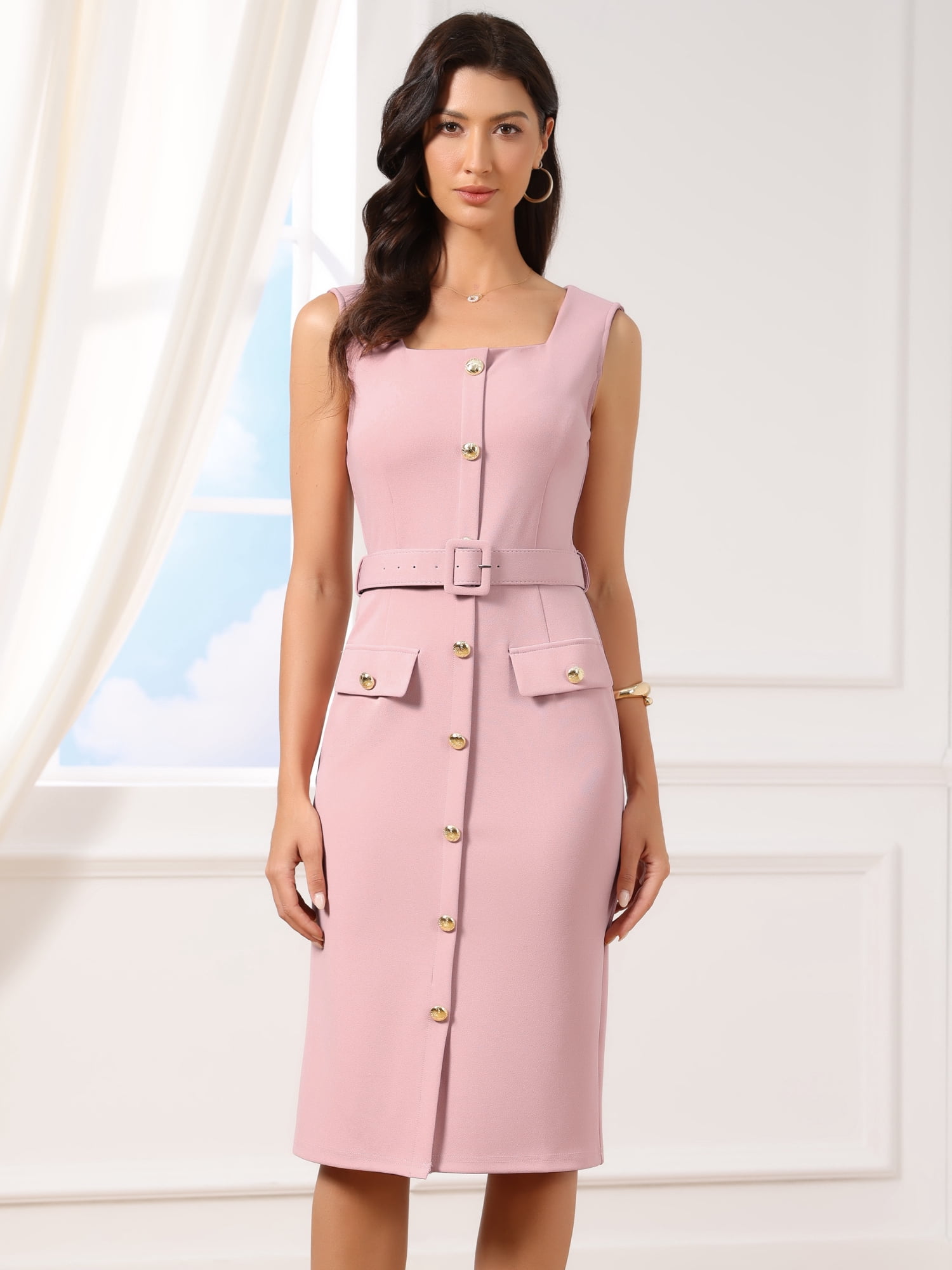 DARING DIVA Women's Sleeveless Square Neck Formal Belted Office Bodycon Dress L Pink