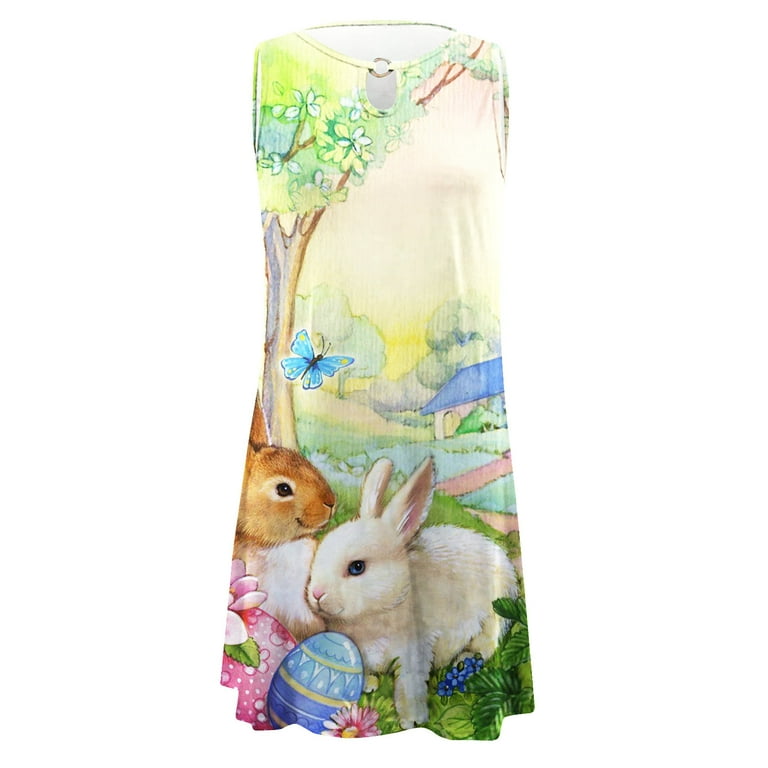 Hvyesh Happy Easter Dress for Women Egg Rabbit Graphic Cute Sleeveless Tank Dress Neck Casual Loose Beach Sundress Womens Tops Dressy Casual